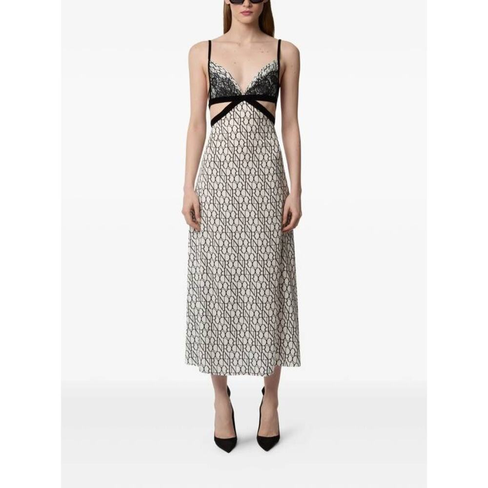 Nina Ricci All-over Logo Print Lace Insert Midi Dress in Cream/noir FR 36 US 4